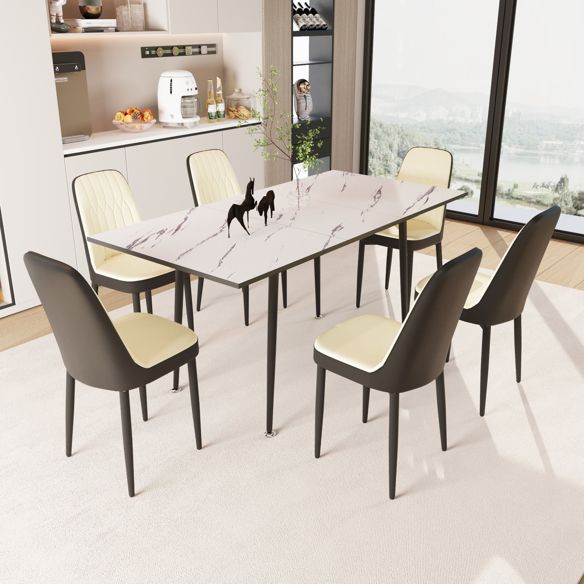 An Expandable Dining Table Set For 2 6 People, Equipped With Pu Fabric Thick Cushioned Dining Chairs And An Elegant And Spacious Dining Tablekitchen Table And Chair Set, With Black Metal Legs Beige