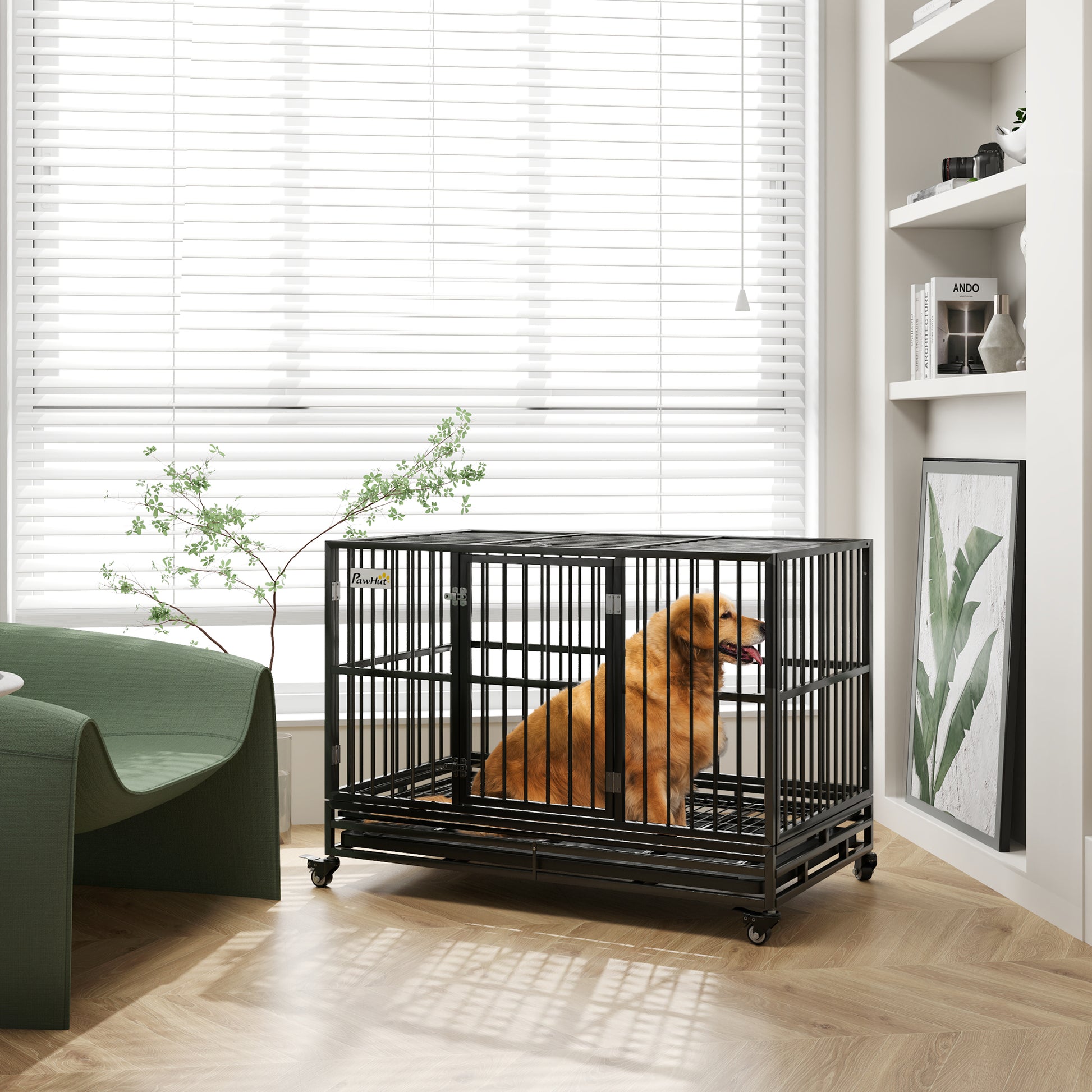 Pawhut 48" Heavy Duty Dog Crate Metal Cage Kennel With Lockable Wheels, Double Door And Removable Tray, Gray Gray Steel