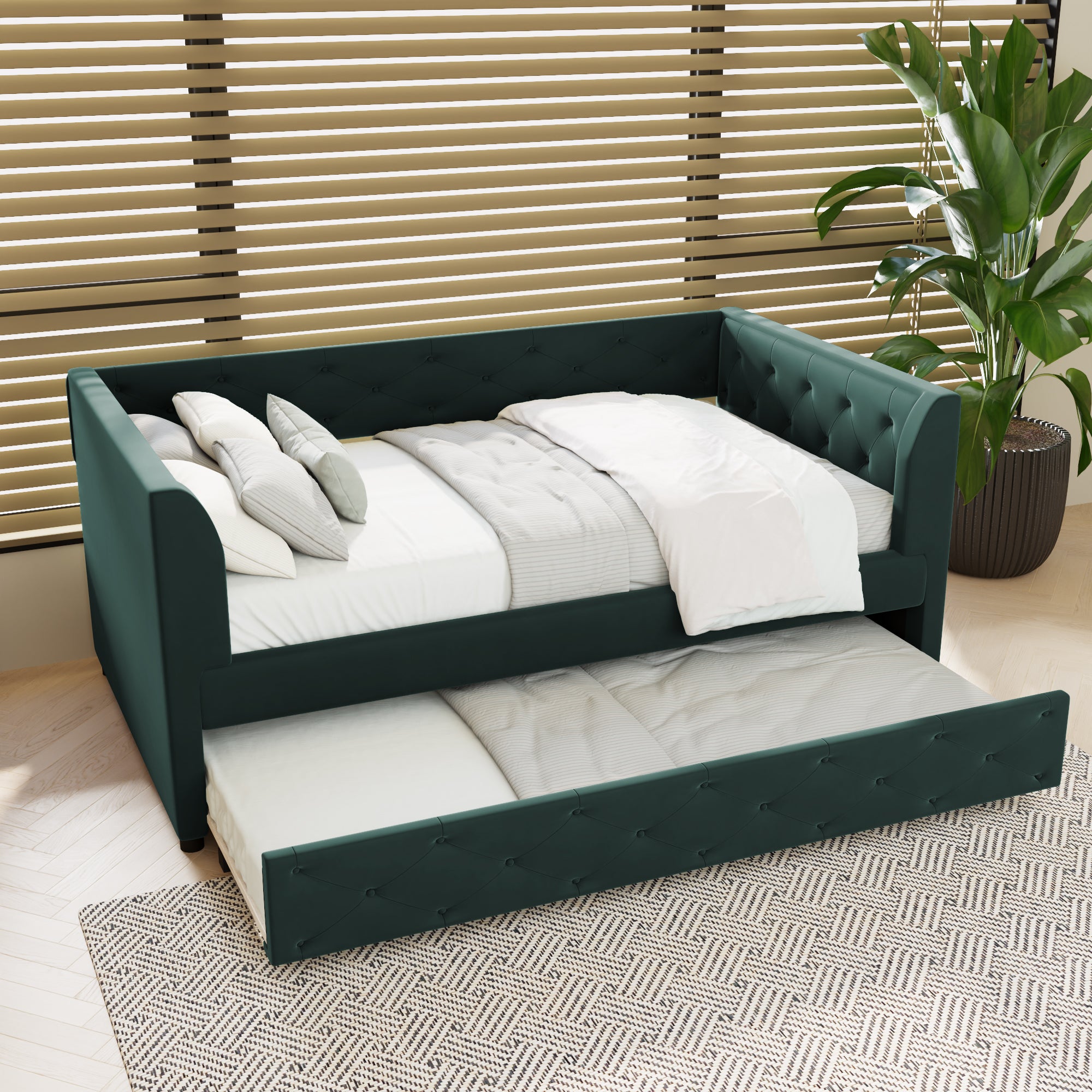 Twin Size Upholstered Velvet Tufted Daybed With Trundle, Green Box Spring Not Required Twin Green Wood Daybeds Velvet Solid Wood Mdf,Velvet