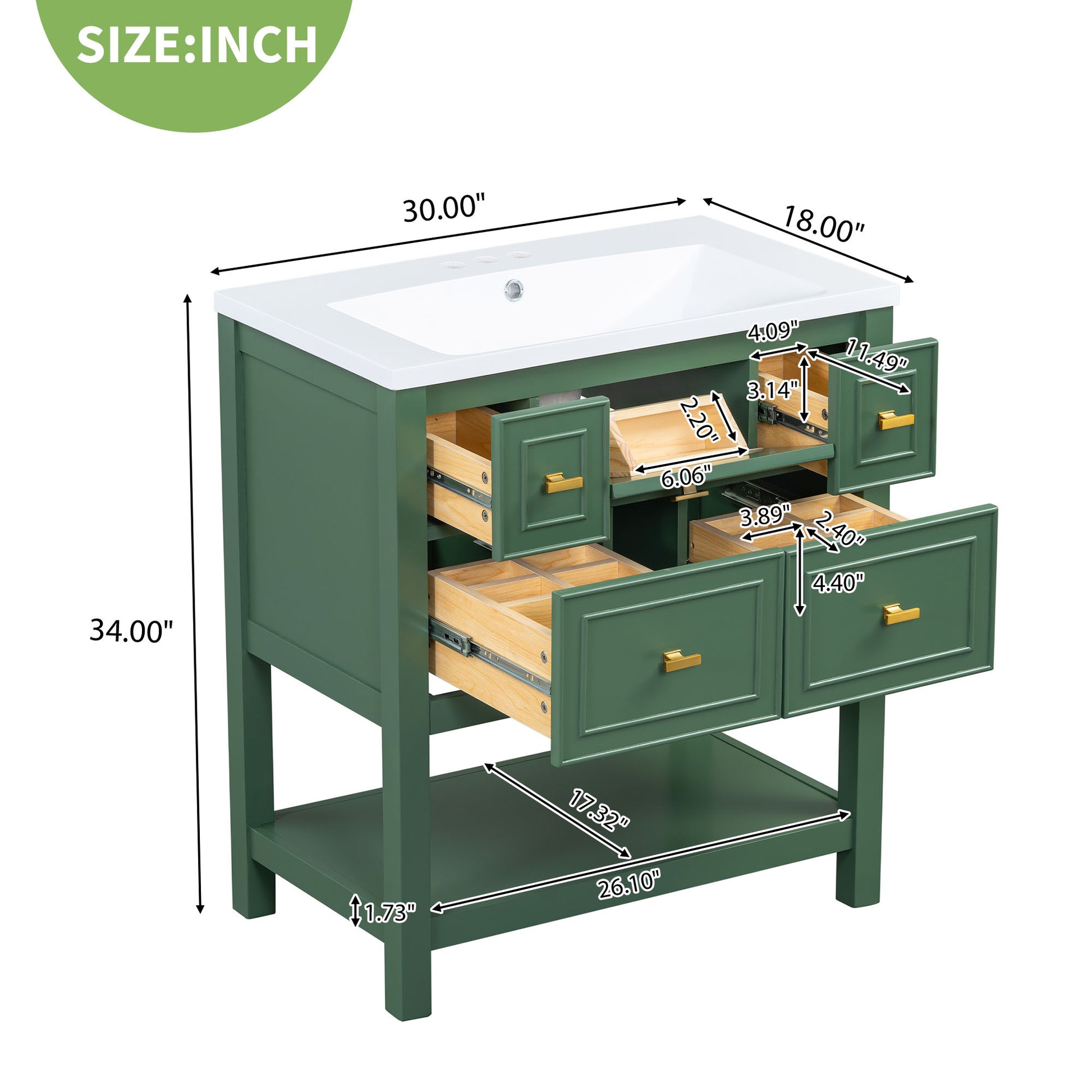 30'' Bathroom Vanity With Resin Sink Combo, Free Standing Single Vanity Set With 5 Drawers, Solid Wood Frame Bathroom Storage Cabinet, Green 4 Green 1 Bathroom Freestanding Modern Solid Wood Mdf Resin Painted