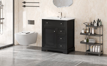 30" Bathroom Vanity With Sink Top, Bathroom Vanity Cabinet With Door And Two Drawers, Mdf Boards, Solid Wood, One Package, Black Black Solid Wood Mdf