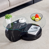 Modern And Practical Double Deck Round Table. Double Storage Space, Made Of Glass Tabletop And Mdf Table Legs. Suitable For Living Room And Bedroom And Dining Room. Black Mdf Glass