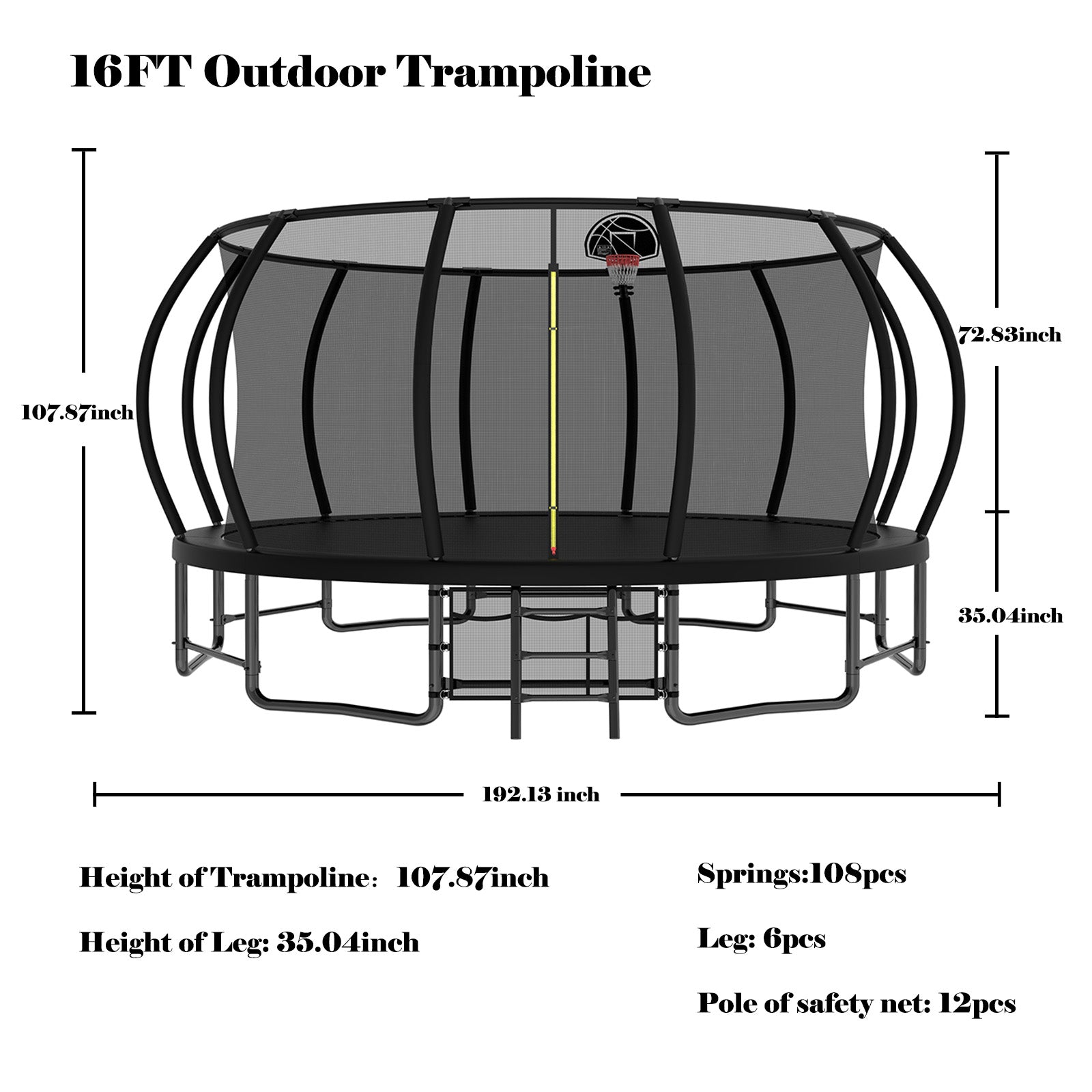 16Ft Outdoor Trampoline For Kids And Adults, Pumpkin Trampolines With Curved Poles,Heavy Duty Trampoline Anti Rust Coating Astm Approval Black Steel