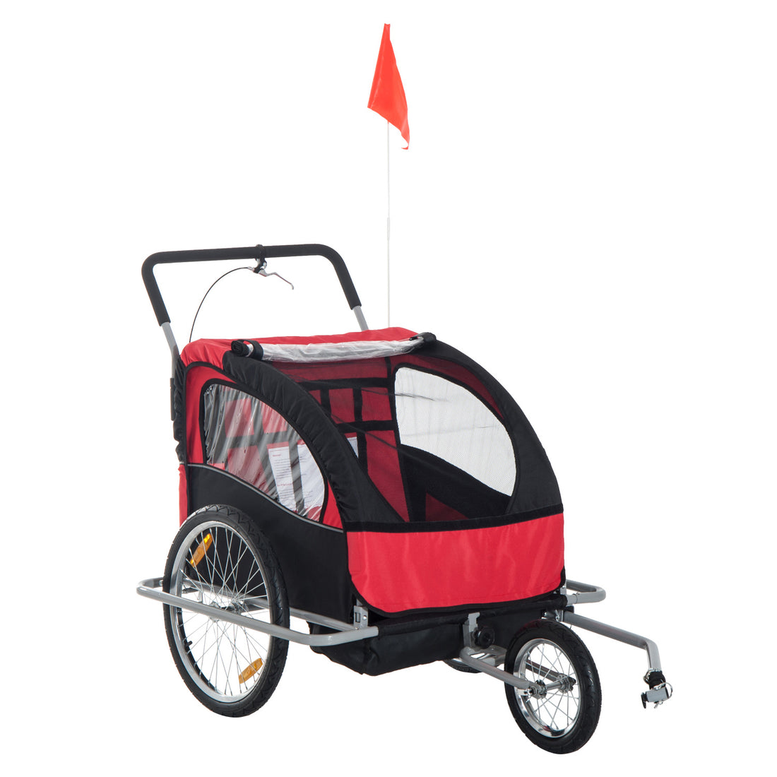 Aosom Elite Three Wheel Bike Trailer For Kids Bicycle Cart For Two Children With 2 Security Harnesses & Storage, Red Red Aluminum