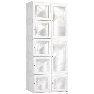 Homcom Portable Wardrobe Closet, Folding Bedroom Armoire, Clothes Storage Organizer With 8 Cube Compartments, Hanging Rod, Magnet Doors, White White Abs