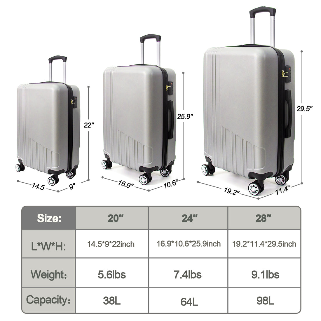 Hard Shell Abs 3 Piece Luggage Set 20 24 28 Inches , With Tsa Lock,And 360 Rotating Wheel ,Effortless Mobility Carry On Suitcase Set Men Women Silver Grey Abs