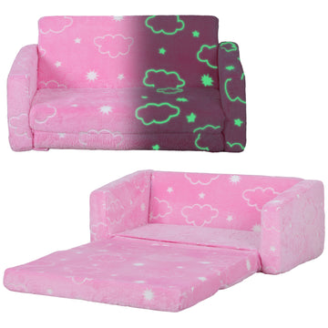 Qaba 2 In 1 Kids Sofa Chair, Toddler Couch With Glow In The Dark Cosmic Patten, Washable Cover, Fold Out Convertible Sofa To Lounger For Playroom Bedroom, Pink Pink Foam