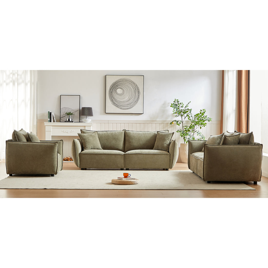 3 Seater 3 Seater 1 Seater Combo Sofa Modern Living Room Sofa, Linen Fabric Sofa, Wooden Frame With 5 Pillows, Apartment Sofa Furniture Light Green Linen Wood Primary Living Space Pine Foam Fabric 7 Seat