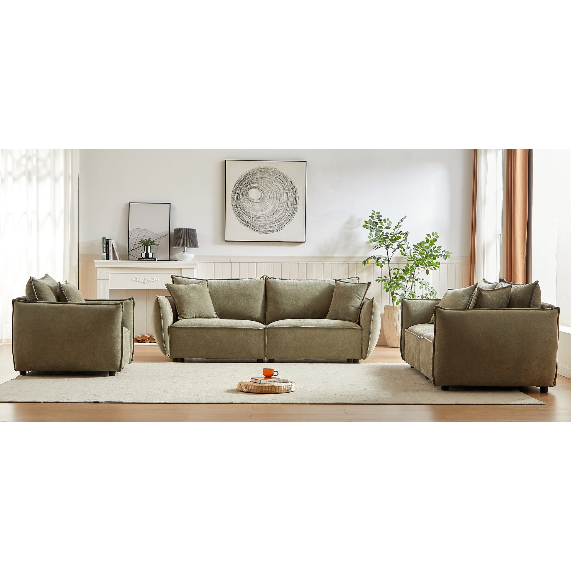 3 Seater 3 Seater 1 Seater Combo Sofa Modern Living Room Sofa, Linen Fabric Sofa, Wooden Frame With 5 Pillows, Apartment Sofa Furniture Light Green Linen Wood Primary Living Space Pine Foam Fabric 7 Seat