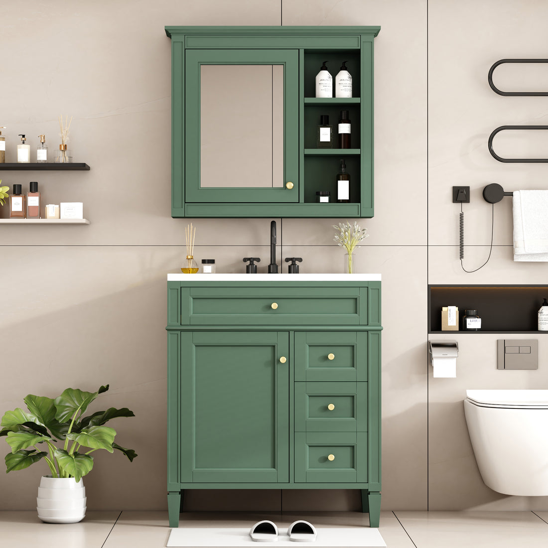 30'' Bathroom Vanity With Top Sink, Modern Bathroom Storage Cabinet With 2 Drawers And A Tip Out Drawer, Freestanding Vanity Set With Mirror Cabinet, Single Sink Bathroom Vanity 3 Green 2 4 Adjustable Hinges Bathroom Freestanding Solid Wood Mdf Resin