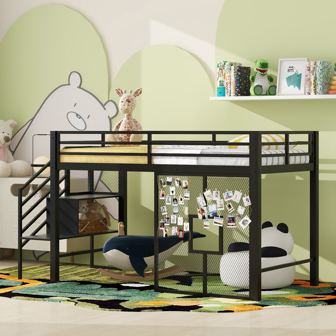 Twin Size Metal Low Loft Bed Frame With Storage Staircase And Iron Mesh,Black Expected Arrival Time:10.10 Black Metal