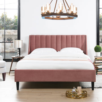 Aspen Vertical Tufted Headboard Platform Bed Set, Queen, Ash Rose Pink Velvet Box Spring Not Required Queen Pink Wood Foam Velvet Velvet