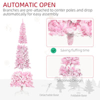 Homcom 7.5Ft Prelit Snow Flocked Artificial Christmas Tree With Pencil Shape, Pine Realistic Branches, Warm White Led Lights, Auto Open, Pink And White Pink Plastic
