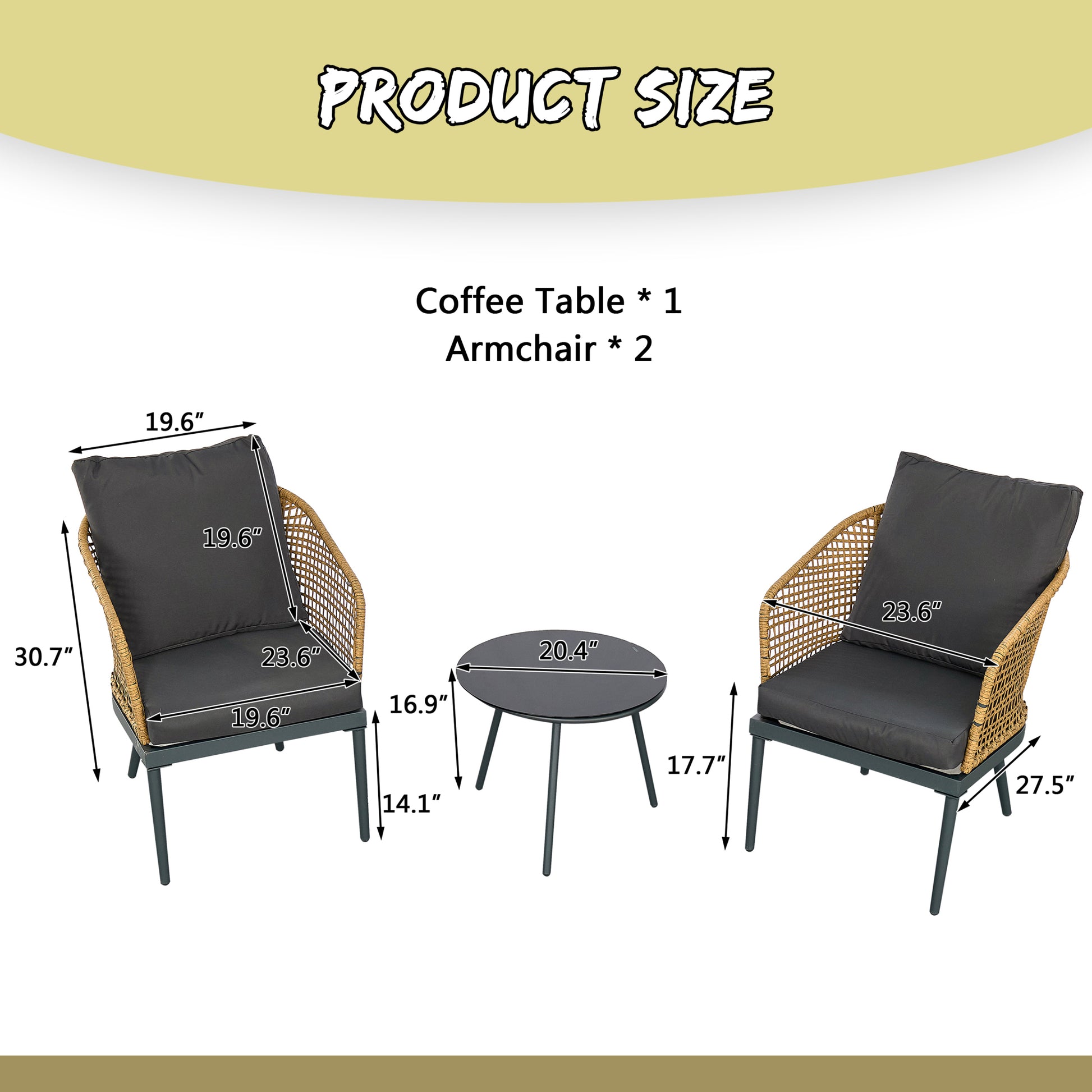 Outdoor Wicker Chairs And Table Bistro Conversation Furniture Set, 3 Pieces For Porch, Balcony, Deck, Patio, Backyard, Natural Color Gray Aluminum