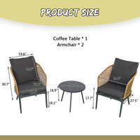 Outdoor Wicker Chairs And Table Bistro Conversation Furniture Set, 3 Pieces For Porch, Balcony, Deck, Patio, Backyard, Natural Color Gray Aluminum