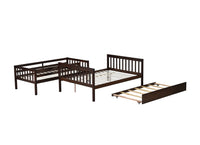 Twin Over Full Rubber Wood Bunk Bed With Trundle, Convertible Ladder And Guardrail, Detachable, Convertible Bed, With Twin Size Trundle ,Espresso Twin Espresso Rubber Wood