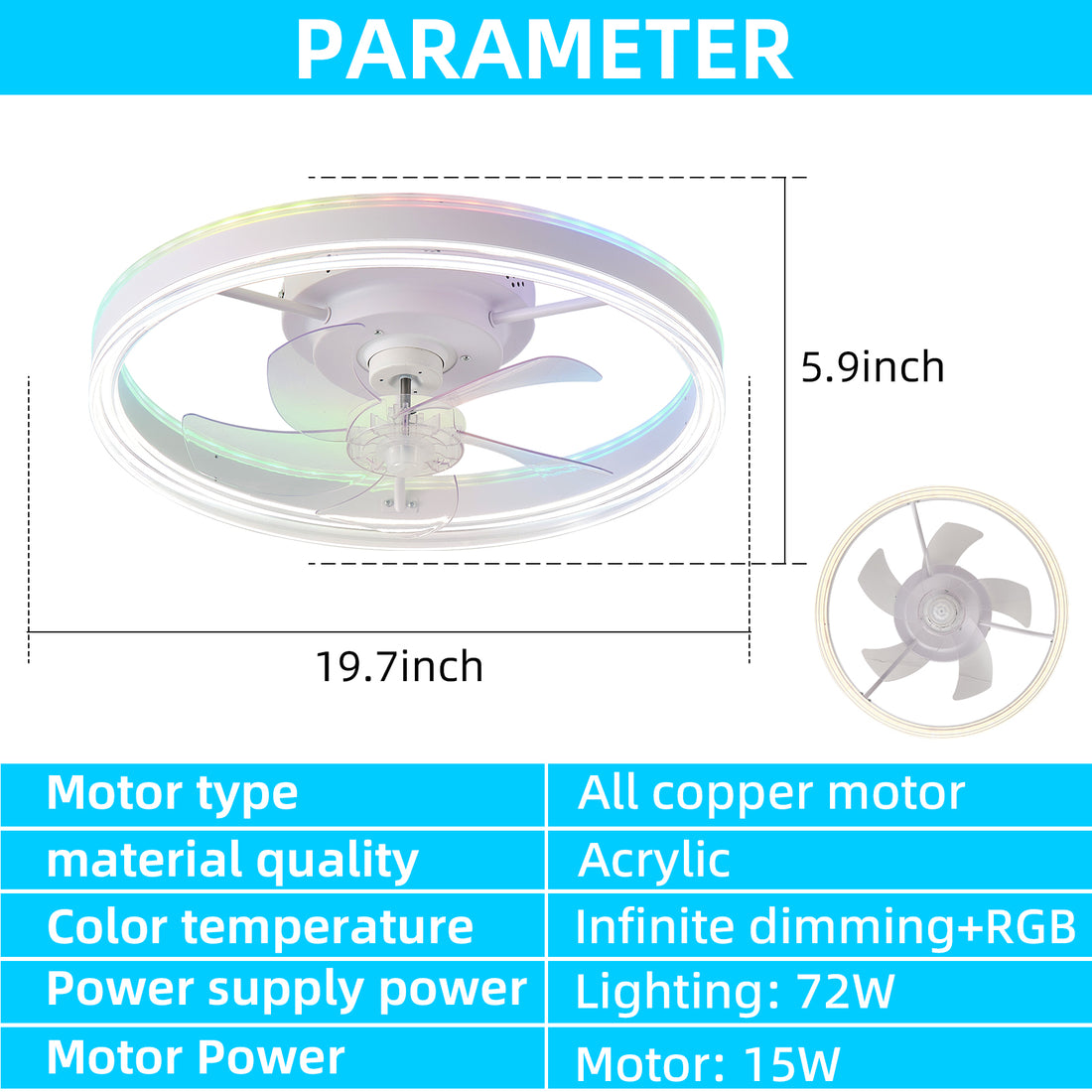 19.7 Inches Fan Light Rgb Color Lights Three Color Temperature 6 Speed Adjustable Wind Power Positive And Negative Rotation White Modern Acrylic