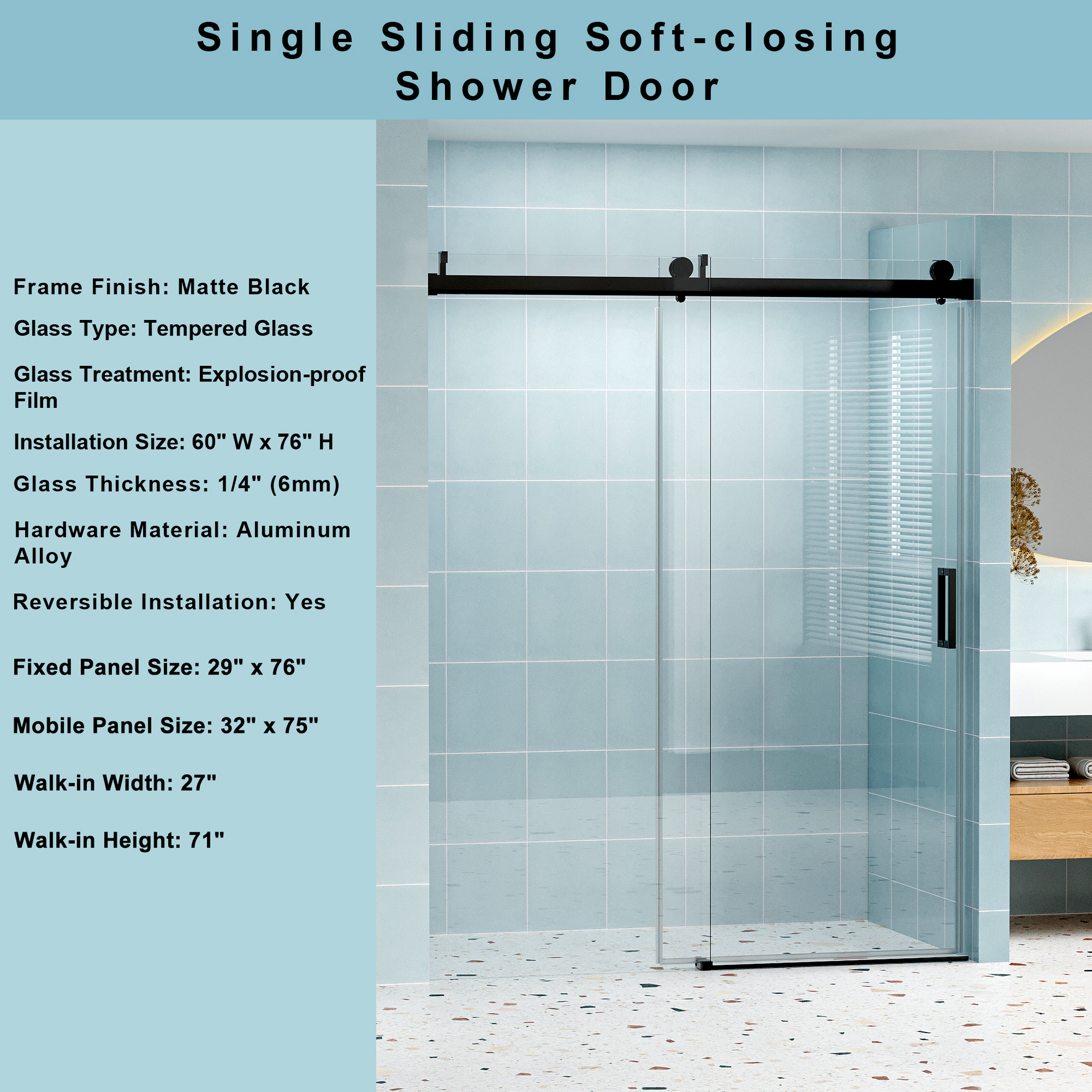 56" 60" W X 76" H Frameless Soft Closing Shower Door, 1 4" 6Mm Tempered Glass Single Sliding With Explosion Proof Coating, Matte Black 24D01 60Mbx Matte Black Bathroom Tempered Glass