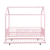 Full Size Metal House Bed With Fence, With Trundle, Pink Full Pink Metal