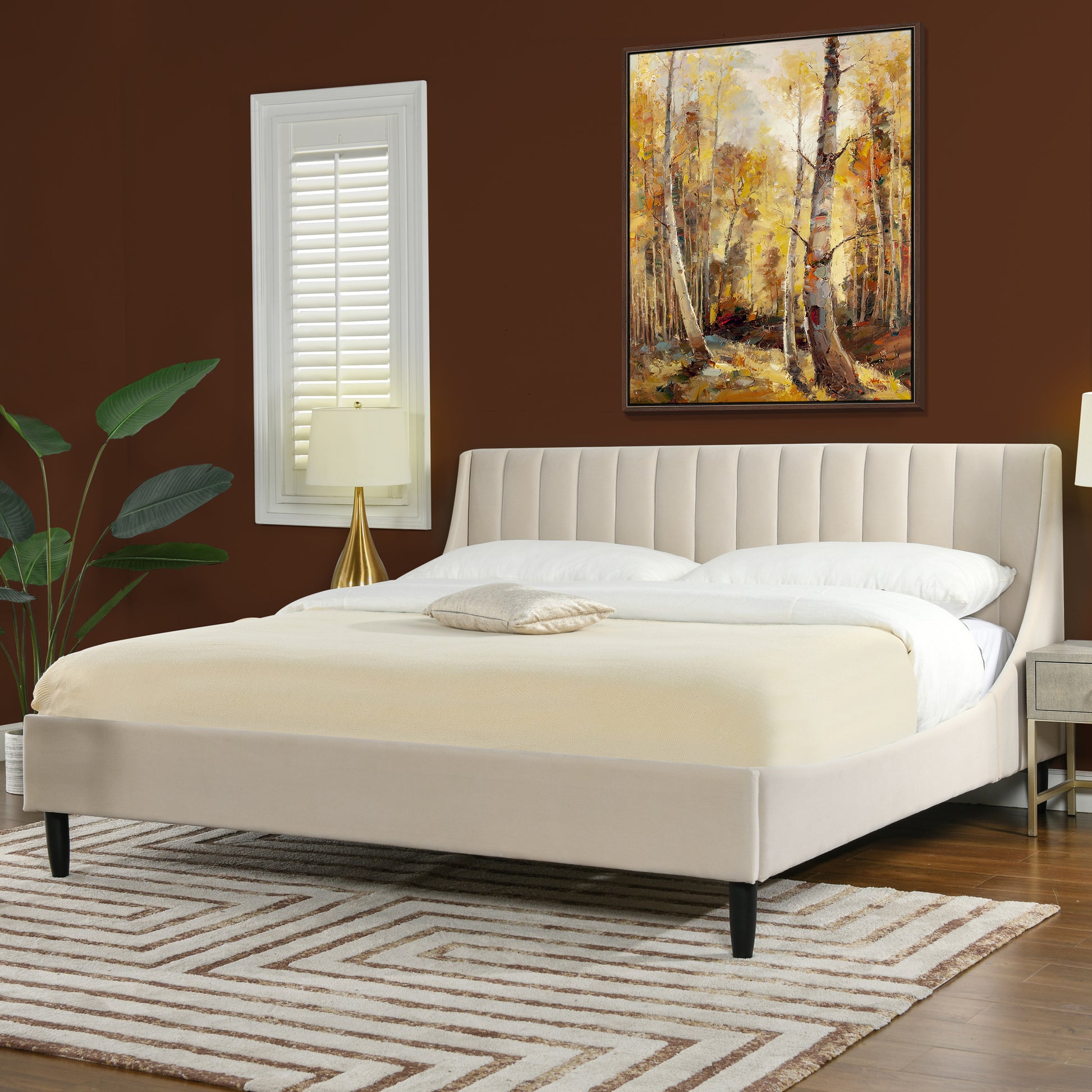 Aspen Vertical Tufted Headboard Platform Bed Set, King, French Beige Performance Velvet Box Spring Not Required King Beige Wood Foam Velvet Velvet