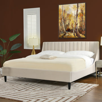 Aspen Vertical Tufted Headboard Platform Bed Set, King, French Beige Performance Velvet Box Spring Not Required King Beige Wood Foam Velvet Velvet