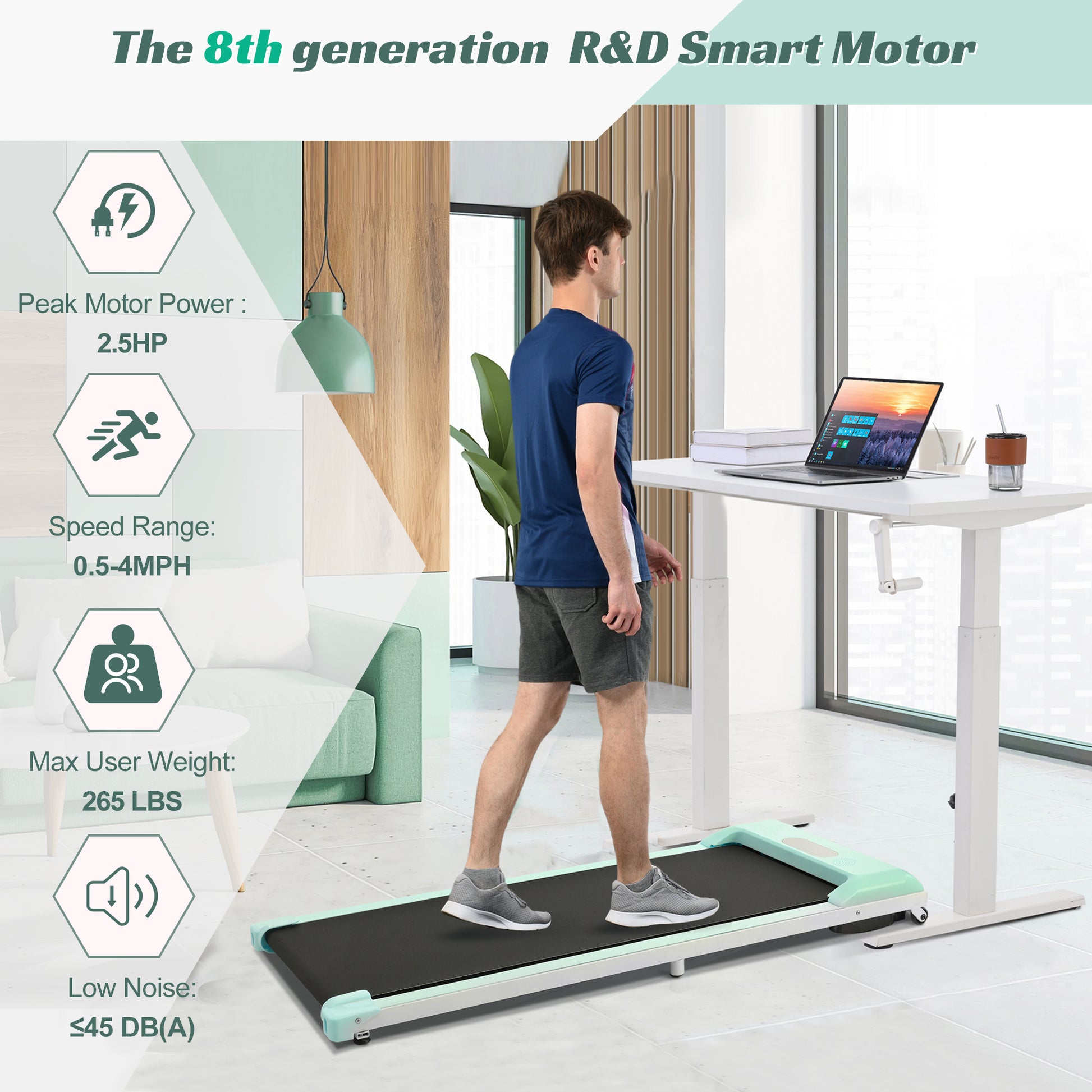 2 In 1 Under Desk Electric Treadmill 2.5Hp, Remote Control, Display, Walking Jogging Running Machine Fitness Equipment For Home Gym Office Green Metal