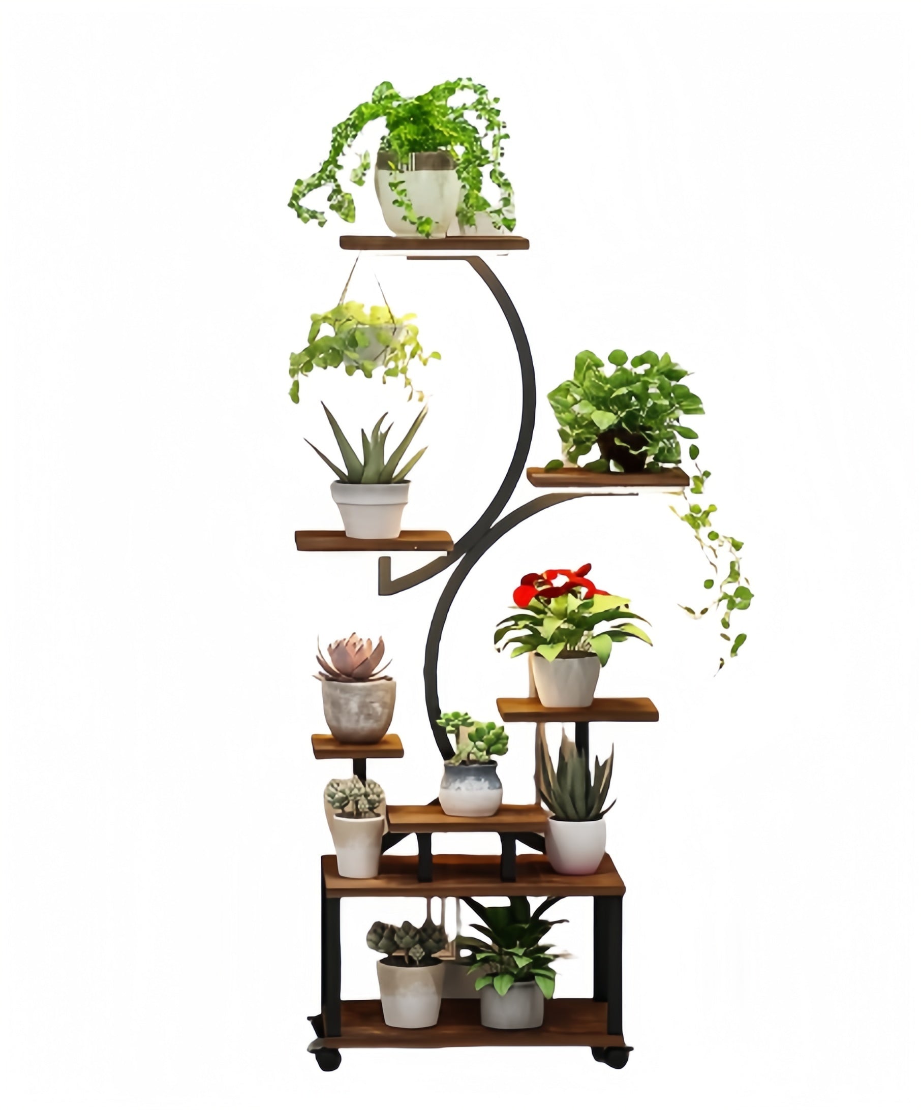 Plant Stand Indoor With Grow Lights, 8 Tiered Indoor Plant Shelf, 61" Tall Plant Stand For Indoor Plants Multiple, Metal Plant Flower Holder Stand, S Shaped Plant Rack For Home, Patio Black Black Dark Walnut Mdf Metal