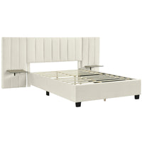 Queen Size Upholstered Platform Bed With Big Headboard, Bedroom Furniture, Velvet, Beige Queen Beige Plywood