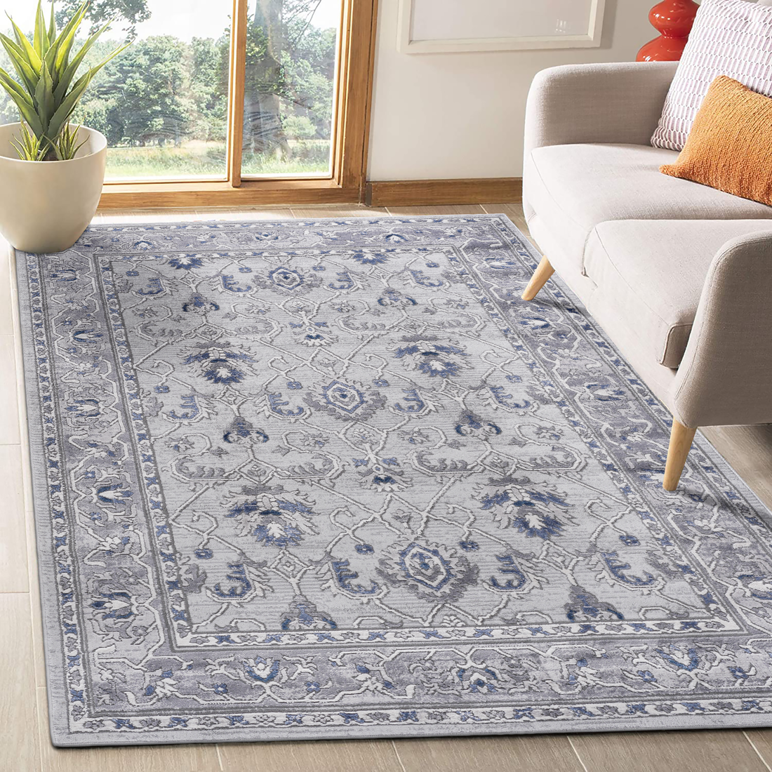 6X9 Grey Blue Oriental Non Shedding Living Room Bedroom Dining Home Office Stylish And Stain Resistant Area Rug Grey Blue Polyester