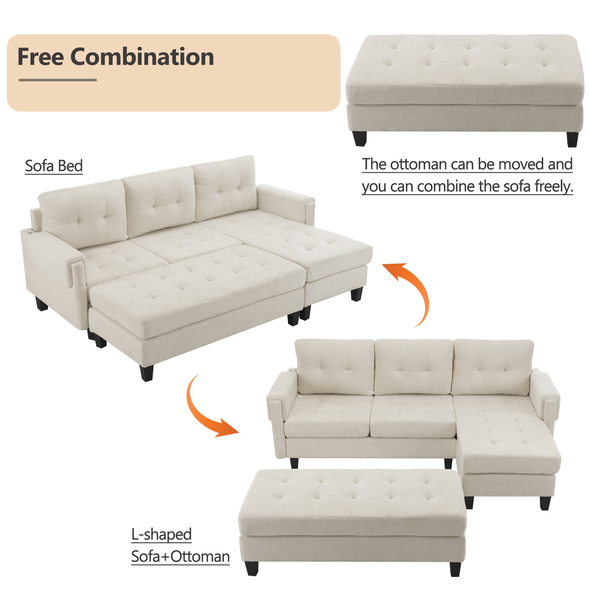 83.4" L Shaped Sofa Sectional Couch Sofa Bed With Two Usb Ports, A Movable Ottoman And A Reversible Chaise Lounge For Living Room, Beige Beige Foam Chenille 5 Seat