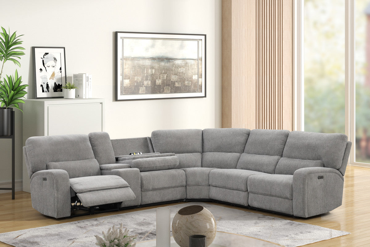 Anthony 114" Wide Light Gray Chenille Fabric Power Reclining Sectional With Power Headrest, Charging Ports, Storage, And Cupholders Light Gray Chenille 5 Seat