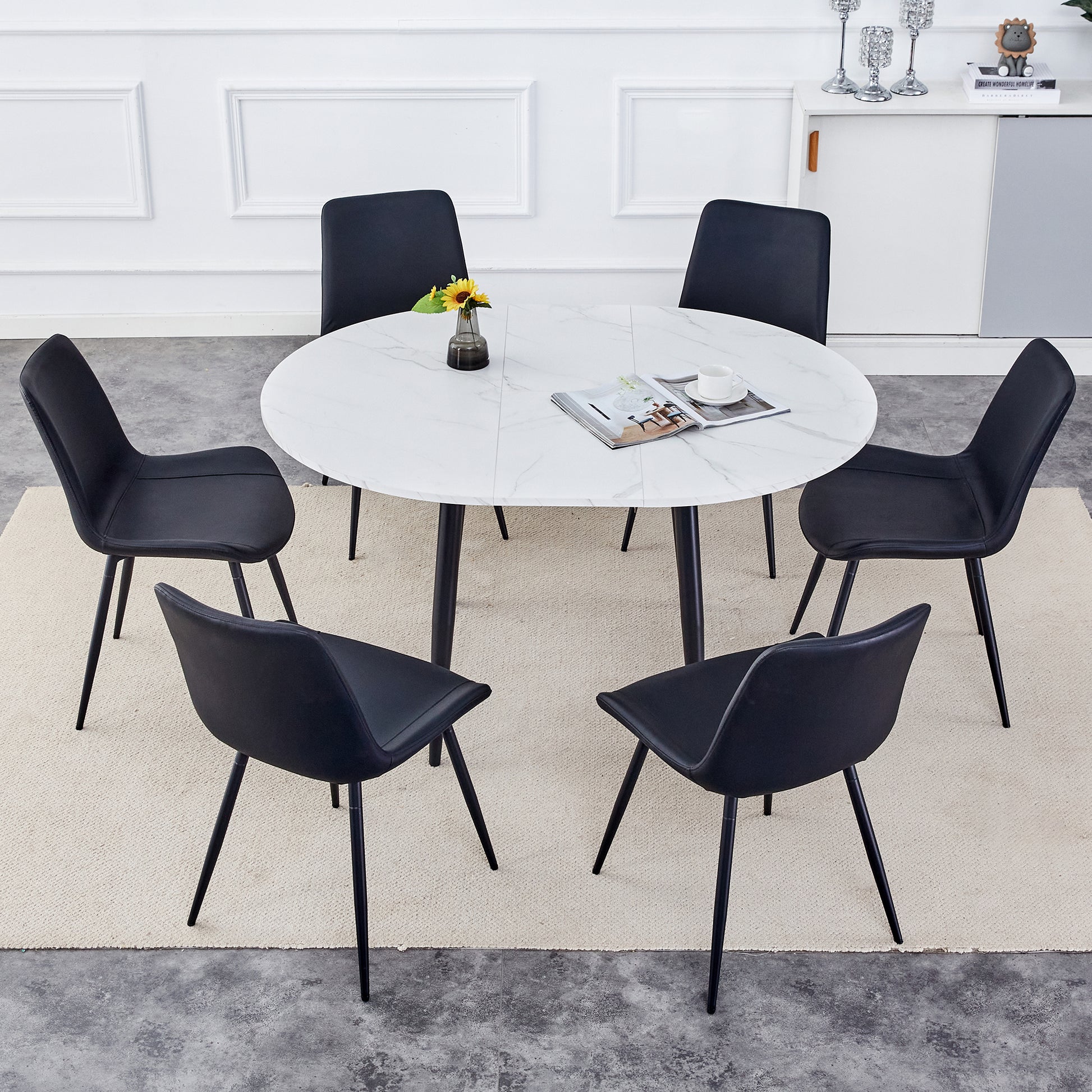 Table And Chair Set.Modern Extendable Mdf Dining Table.The Table Has A Telescopic Design, Suitable For Gatherings Of Different Size.Paired With 6 Chairs With Pu Cushions And Black Metal Legs.