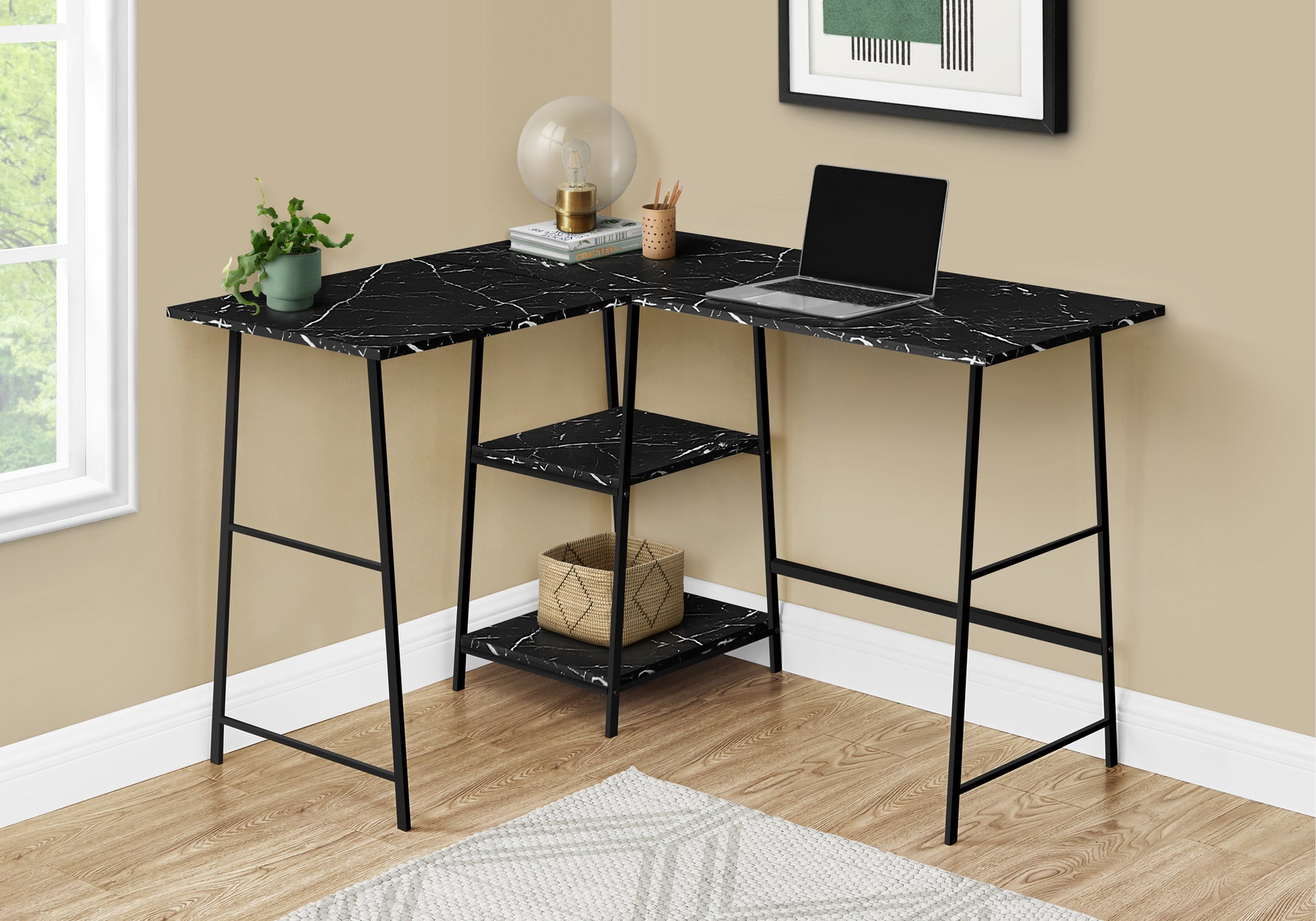 Computer Desk, Home Office, Corner, Storage Shelves, 48"L, L Shape, Work, Laptop, Black Marble Look Laminate, Black Metal, Contemporary, Modern Black Metal