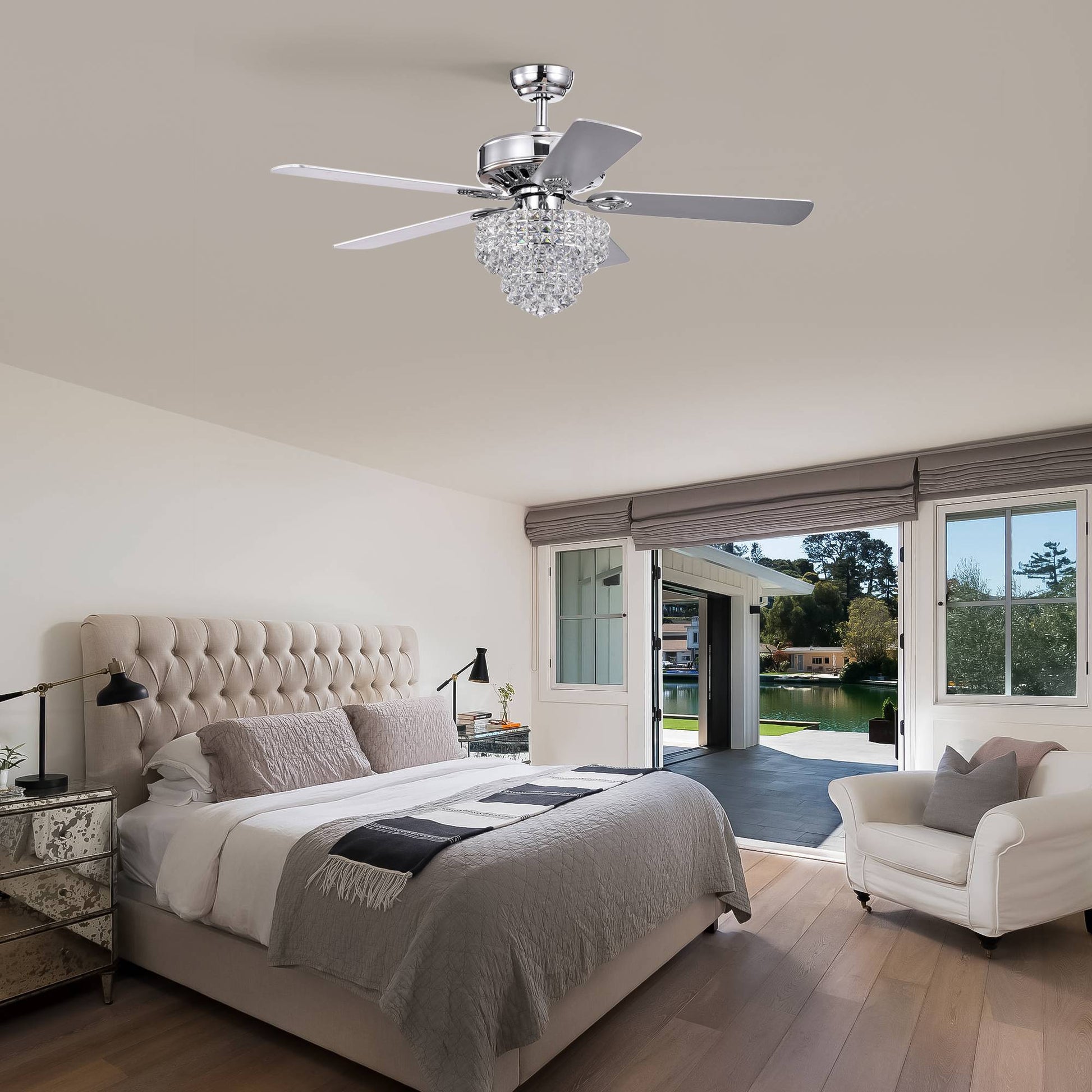 52 Inch Crystal Ceiling Fan Lamp With Remote Control 3 Speed High, Mid, Low , 5 Reversible Blades For Living Room, Dining Room, Bedroom, Family Room, Chrome ,3Pcs*E12 No Include Bulb Chrome American Traditional,Antique,Classic,Contemporary Plywood Metal