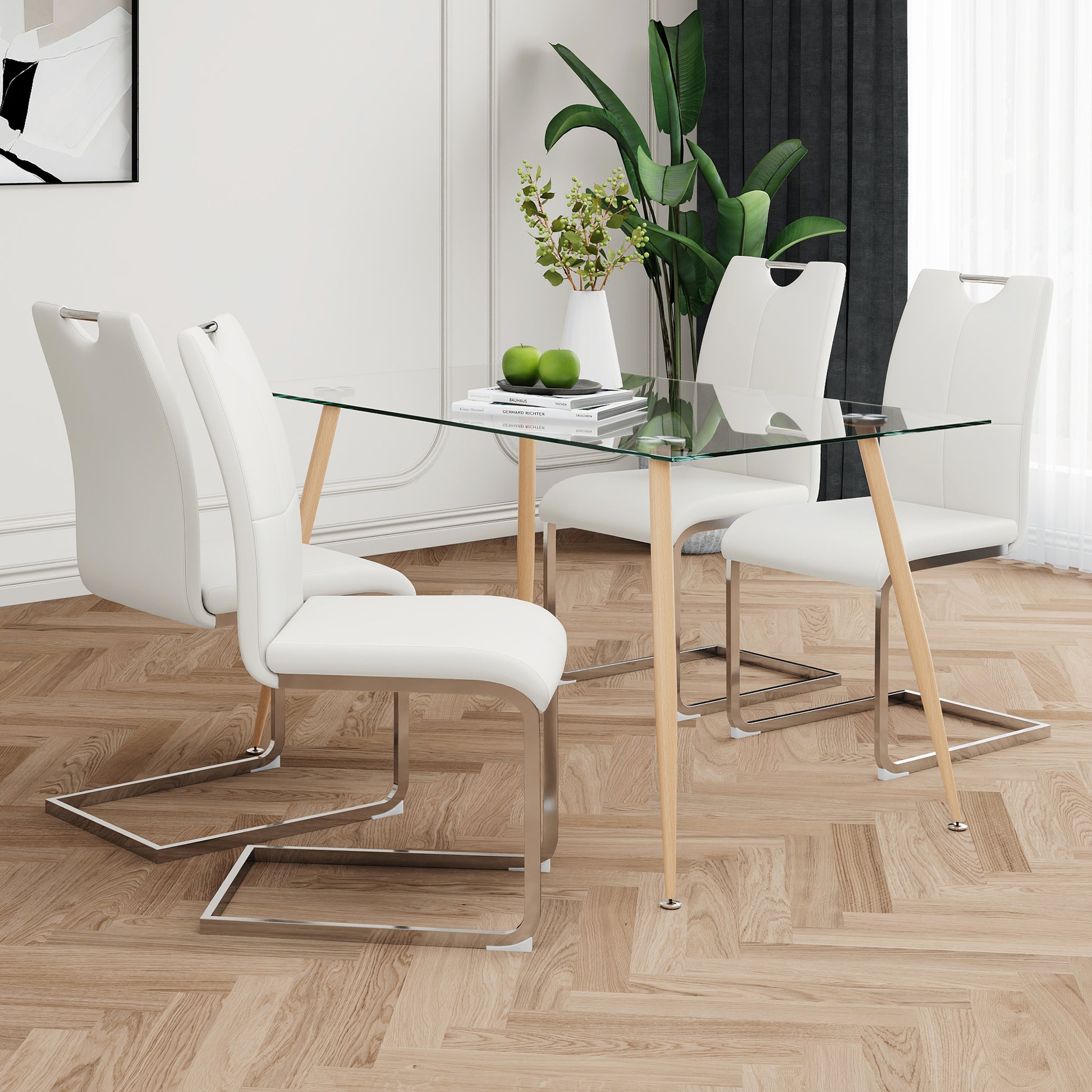 Modern Simple Rectangular Glass Dining Table, Solid Tempered Glass Countertop, Wood Transfer Metal Table Legs, White Pu Dining Chair Set, Suitable For Restaurant Kitchen Use Set Of 5 Metal Glass White Pu Seats 4 Metal Rectangular Dining Table With Chair