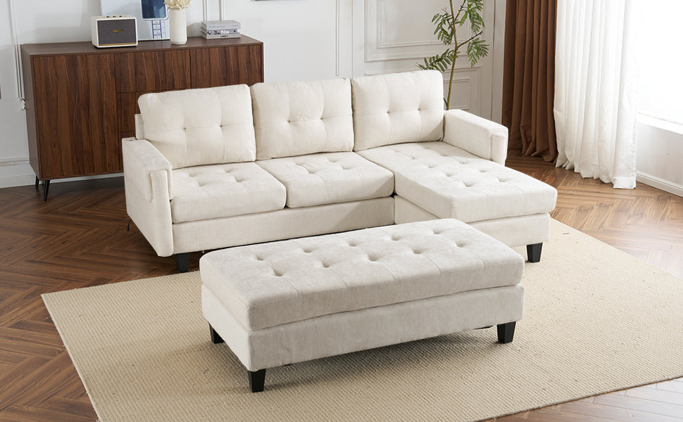 83.4" L Shaped Sofa Sectional Couch Sofa Bed With Two Usb Ports, A Movable Ottoman And A Reversible Chaise Lounge For Living Room, Beige Beige Foam Chenille 5 Seat