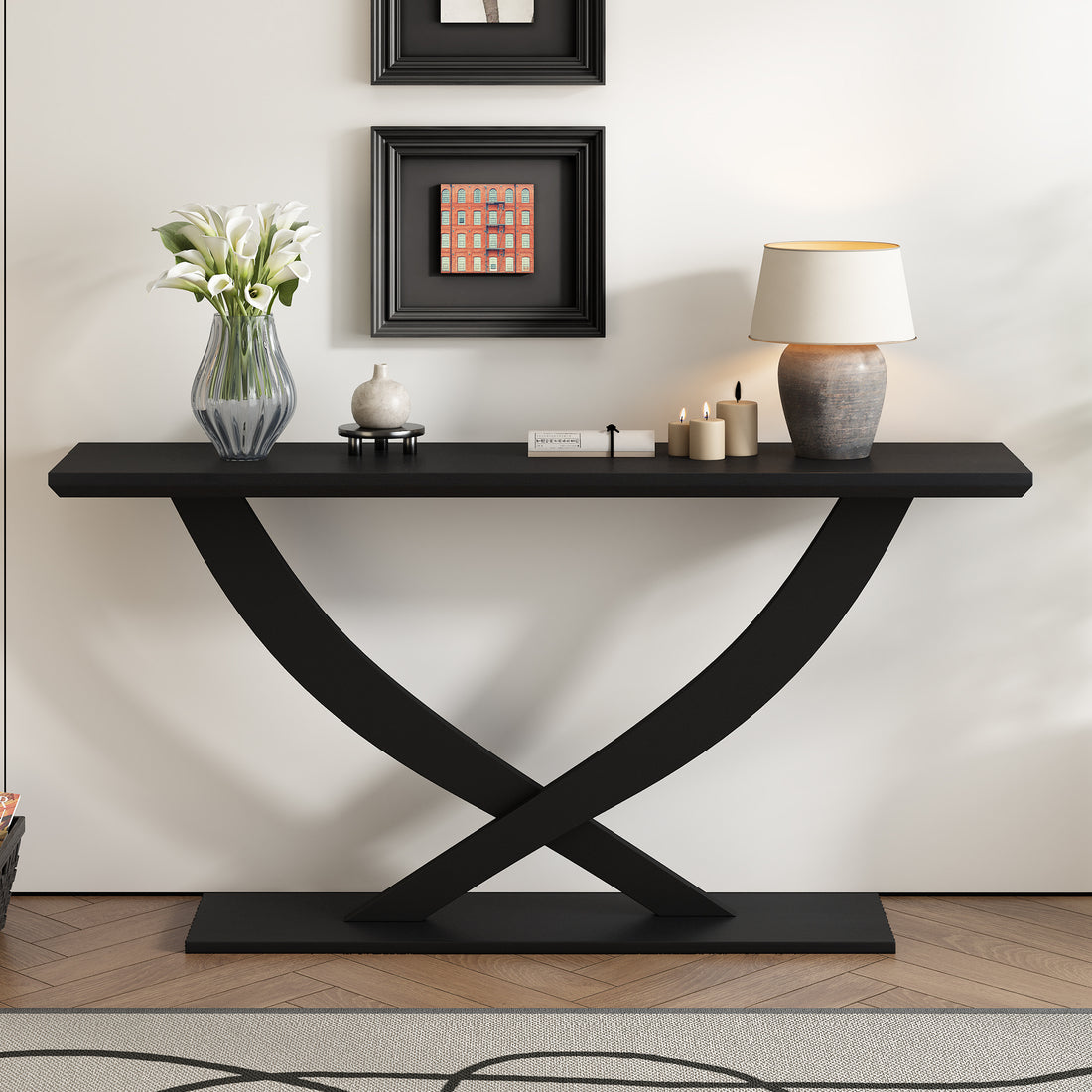 Mirod 57'' Modern Rustic Console Table With Cross Leg Design,Sturdy Construction And Large Surface Space,Perfect For Living Room Or Bedroom Black Mdf Acacia