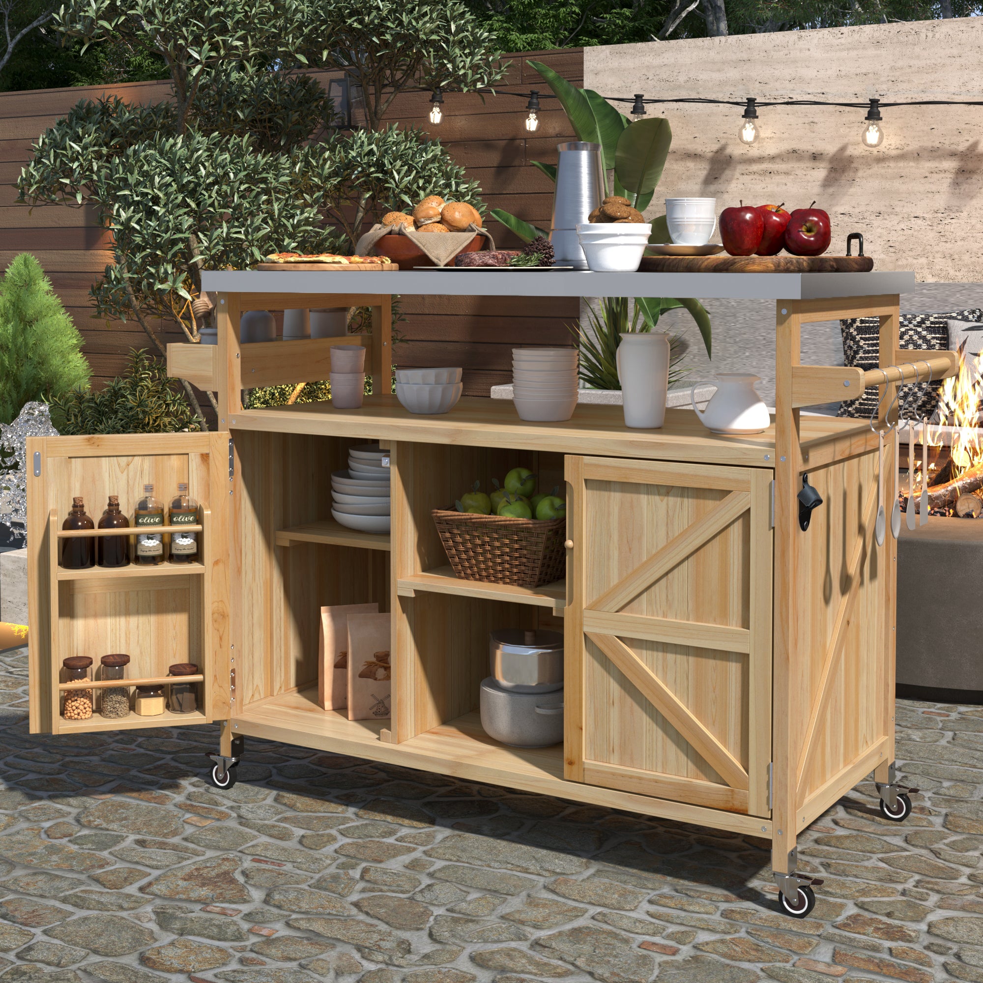 K&K Outdoor Kitchen Island, Rolling Bar Cart & Storage Cabinet, Farmhouse Solid Wood Outdoor Grill Table With Stainless Steel Top, Spice Racktowel Rack For Kitchen & Bbqnatural Natural Garden & Outdoor Classic,Farmhouse,French Country,Luxury,Modern Wood