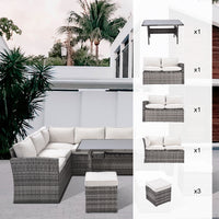 Outdoor Patio Furniture Set,7 Pieces Outdoor Sectional Conversation Sofa With Dining Table,Chairs And Ottomans,All Weather Pe Rattan And Steel Frame,With Backrest And Removable Cushions Grey Beige Yes Dining Set Gray Beige Weather Resistant Frame Garden