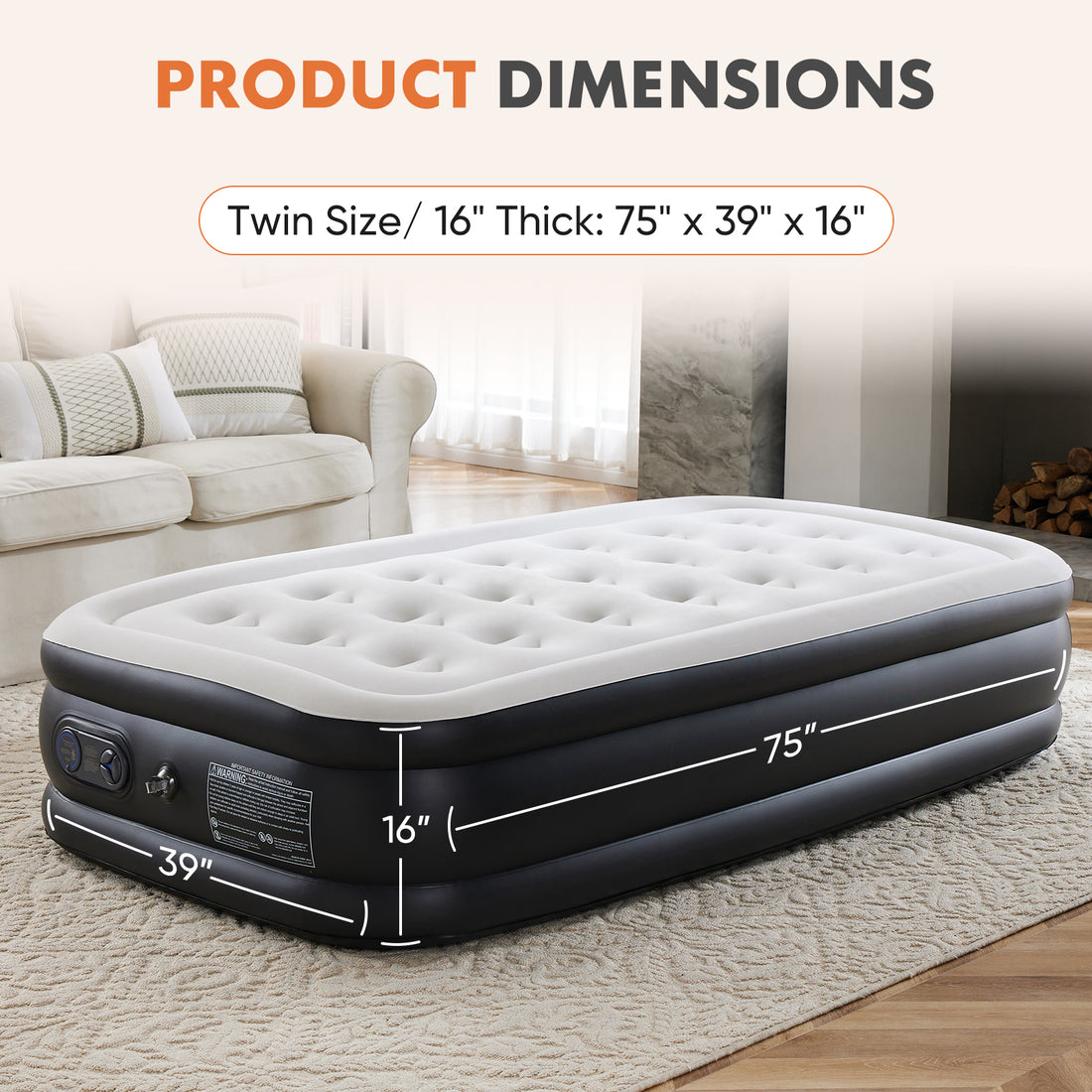 Inflatable Air Mattress With Built In Pump, Twin Size 16In Black Pvc