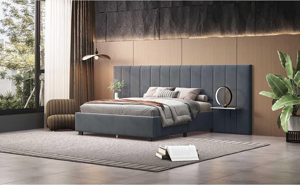 Queen Size Upholstered Platform Bed With Big Headboard, Bedroom Furniture, Velvet, Gray Queen Gray Plywood