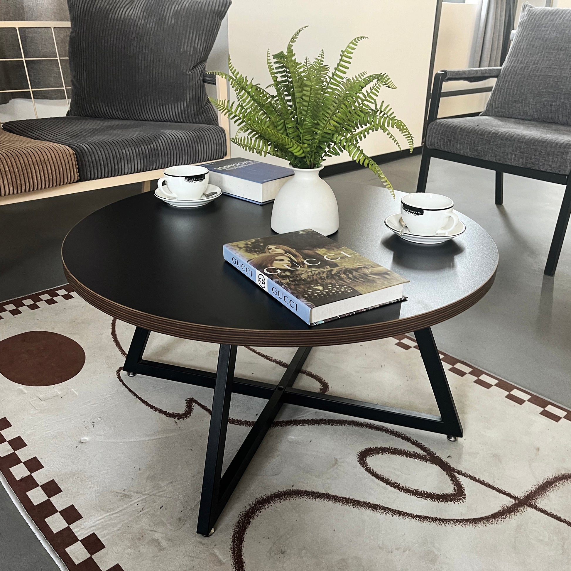 Round Coffee Table Wood Grain And Black Metal Black Brown Mdf Mdf Iron