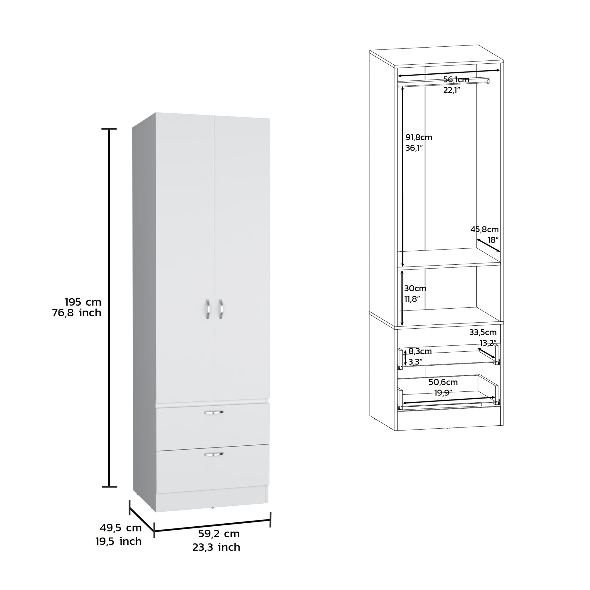 Armoire Wardrove 76" H, Hanging Rod, 2 Drawers, 1 Shelf, White White Solid Wood Mdf Engineered Wood