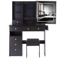 37" Middle Size Left Drawer Desktop Vanity Table Cushioned Stool Dresser Set, 2 Ac 2 Usb Socket, Hair Dryer Stand, Large Touch Control Led Sliding Mirror, 3 Color Switch, Epa, Gcc, Ul Certificate