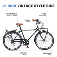 7 Speed, Steel Frame, Multiple Colors 26 Inch Vintage Style Bike,Retro Commute Bike For Women And Men Black Steel