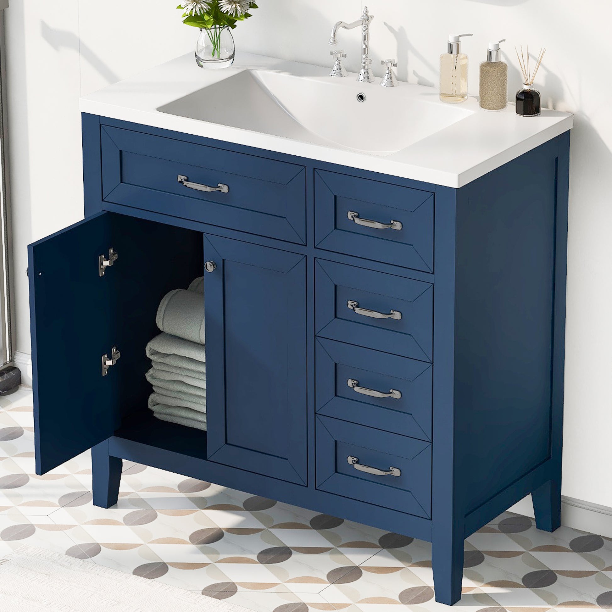 36" Bathroom Vanity With Sink Combo, Blue Bathroom Cabinet With Drawers, Solid Frame And Mdf Board Old Sku:Jl000007Aac Blue Solid Wood Mdf