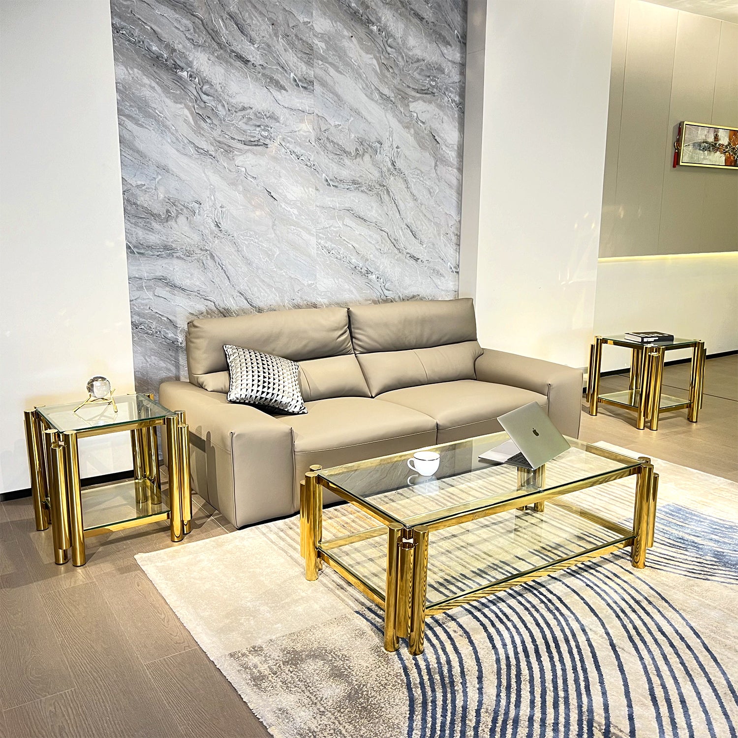 Modern Stainless Steel Coffee Table Set Set Of 3 , Double Layer Clear Tempered Glass Table Top, Coffee Table & Two End Side Table 3 Pieces Sets For Living Room Home Office, Gold Clear,Gold Modern