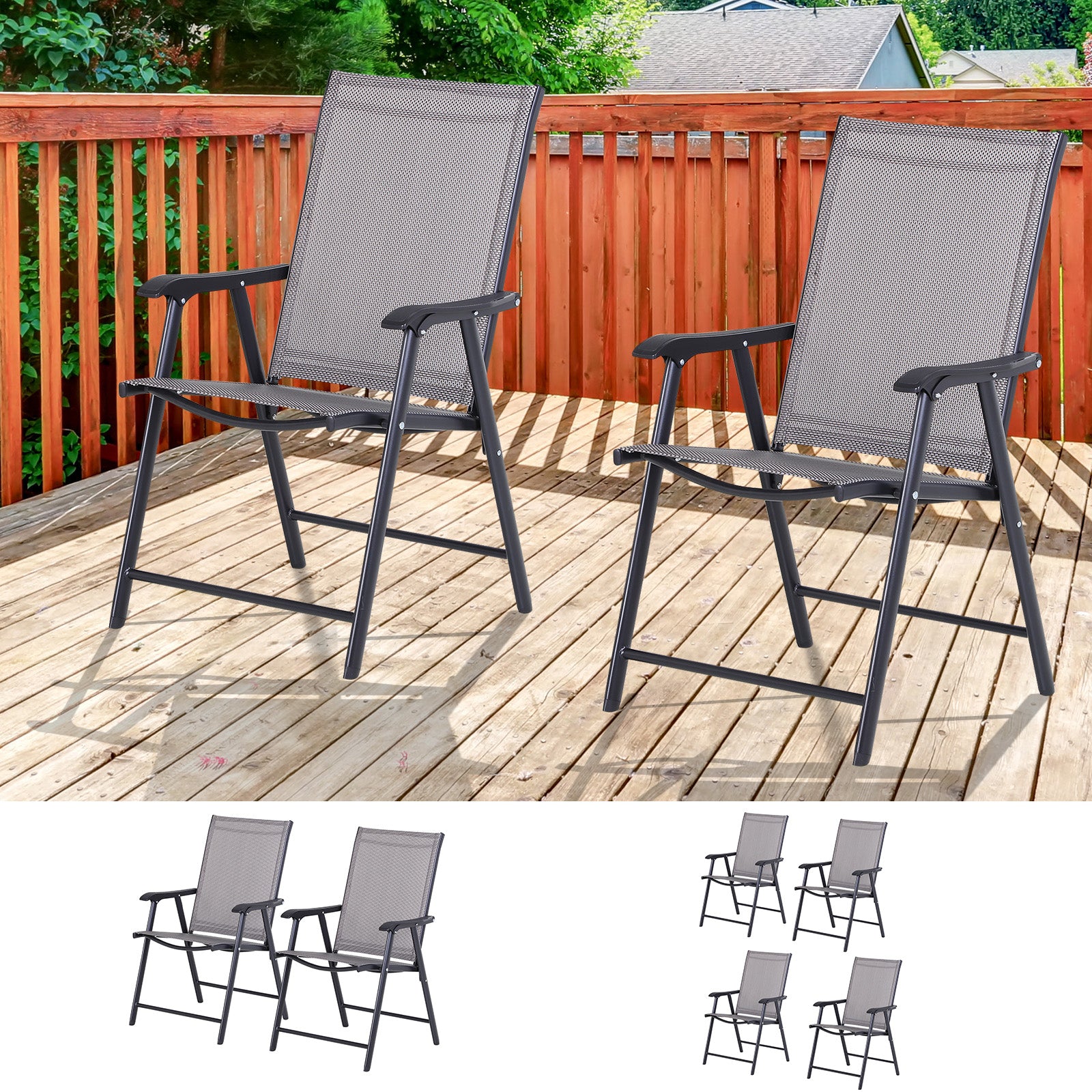 Outsunny Set Of 2 Patio Folding Chairs, Stackable Outdoor Sling Patio Dining Chairs With Armrests For Lawn, Camping, Dining, Beach, Metal Frame, No Assembly, Gray Gray Fabric Metal