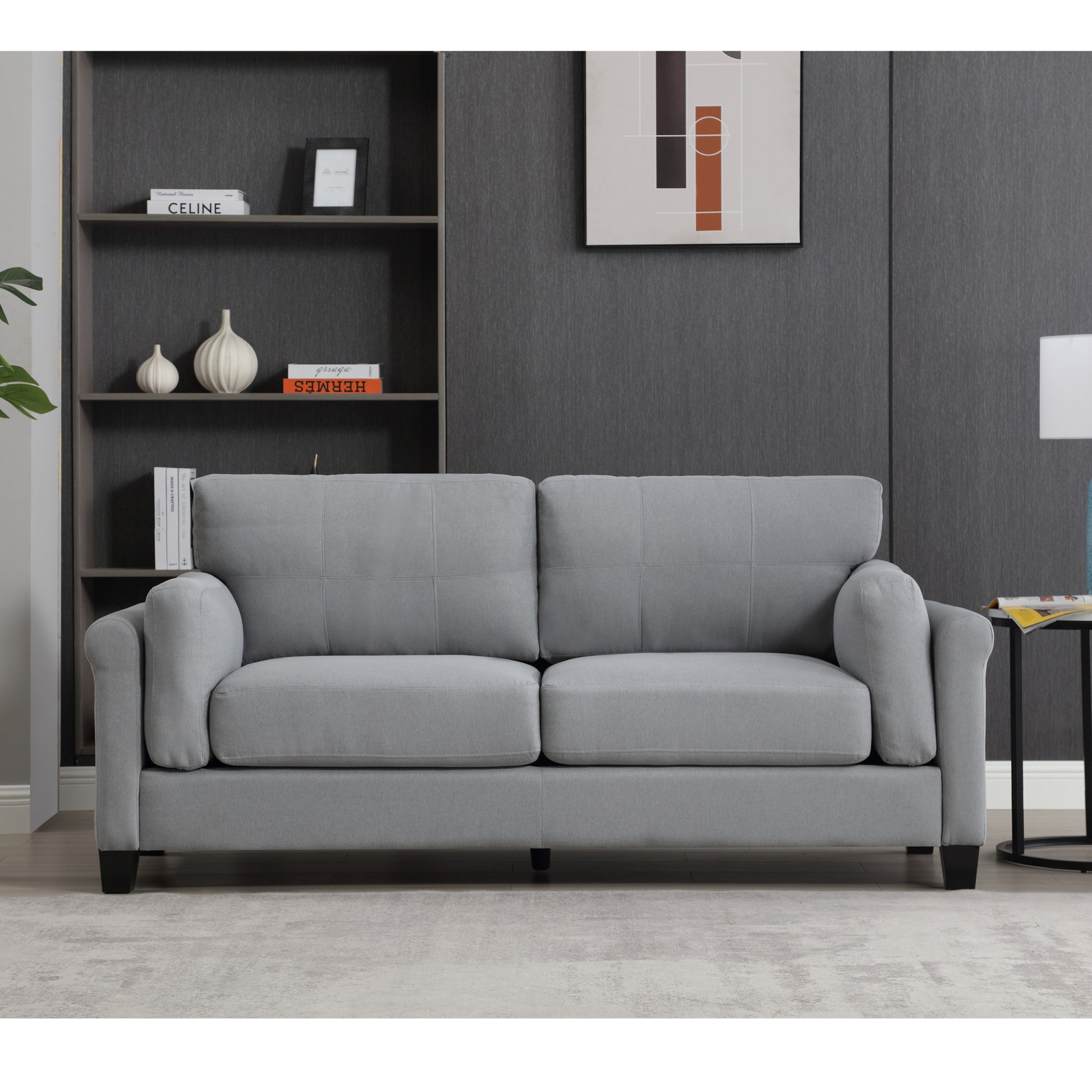 Oversized Modern Style Button Tufted Linen Upholstered 3 Seat Sofa With Usb Charger, Three Seat Sofa Couch, Living Room Sofa For Home Or Office, Gray Gray Fabric 3 Seat