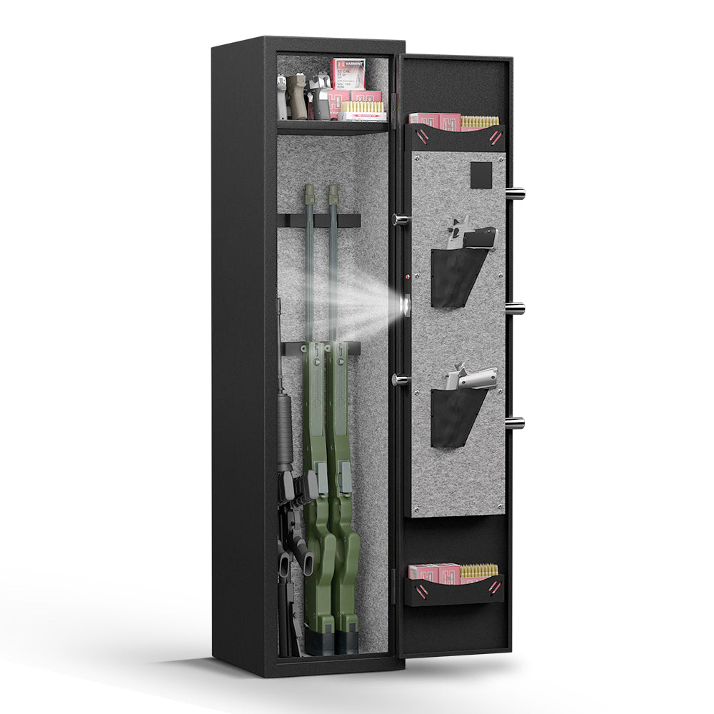 High Security Steel Rifle Cabinet 4 5 Capacity, Electronic Lock, Solid Bolts, Dual Alarms, Silent Operation, Led Lighting Black Steel